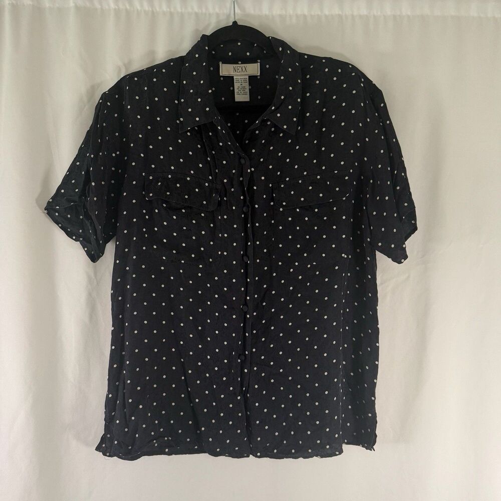 NEXX 100% Silk Blouse Women's Medium Black Polka Dot Short Sleeve Button Up